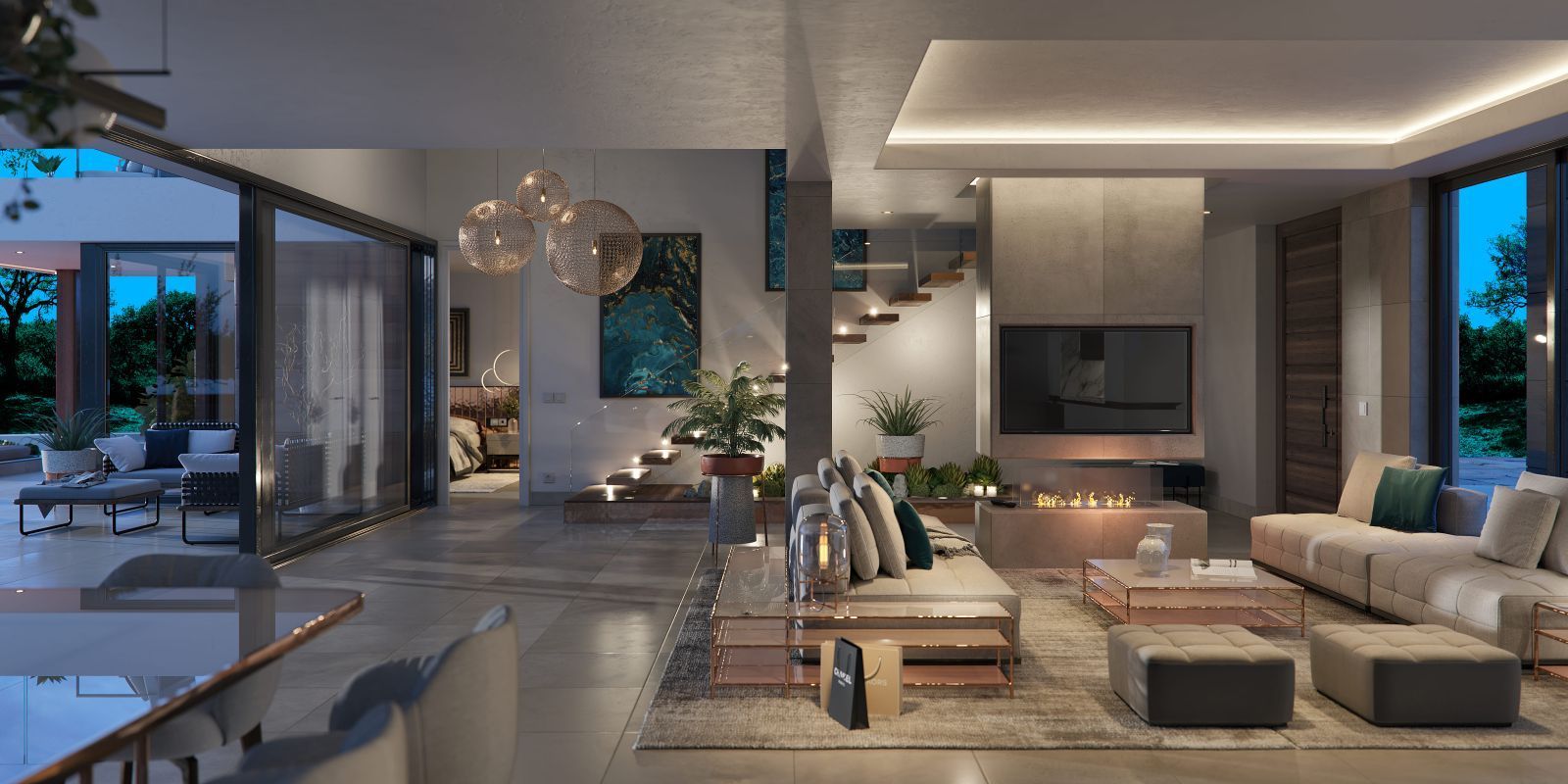 Modern living room with large windows, open plan, and contemporary furniture.