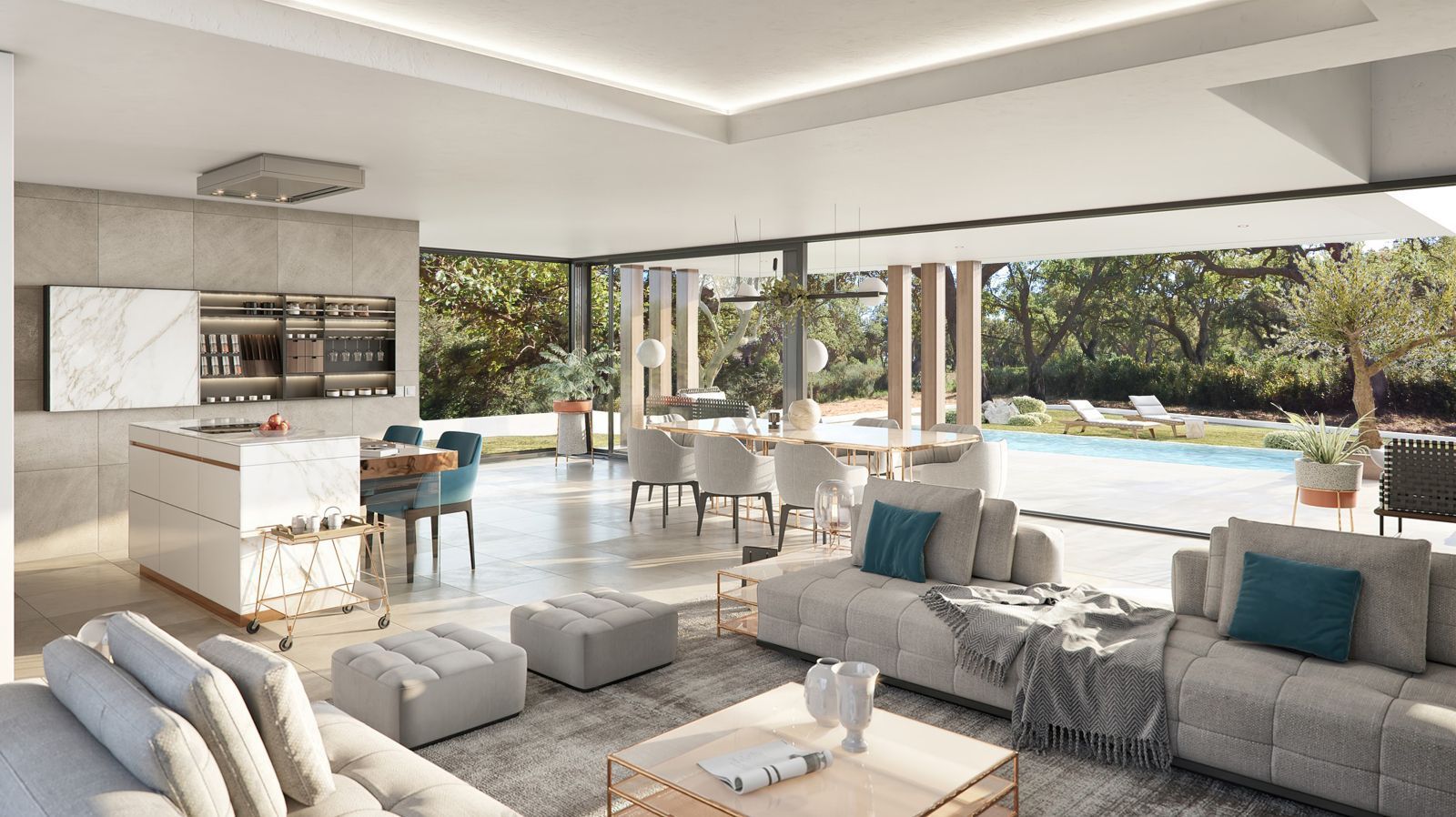 Modern living room with large windows, pool view, and open kitchen.
