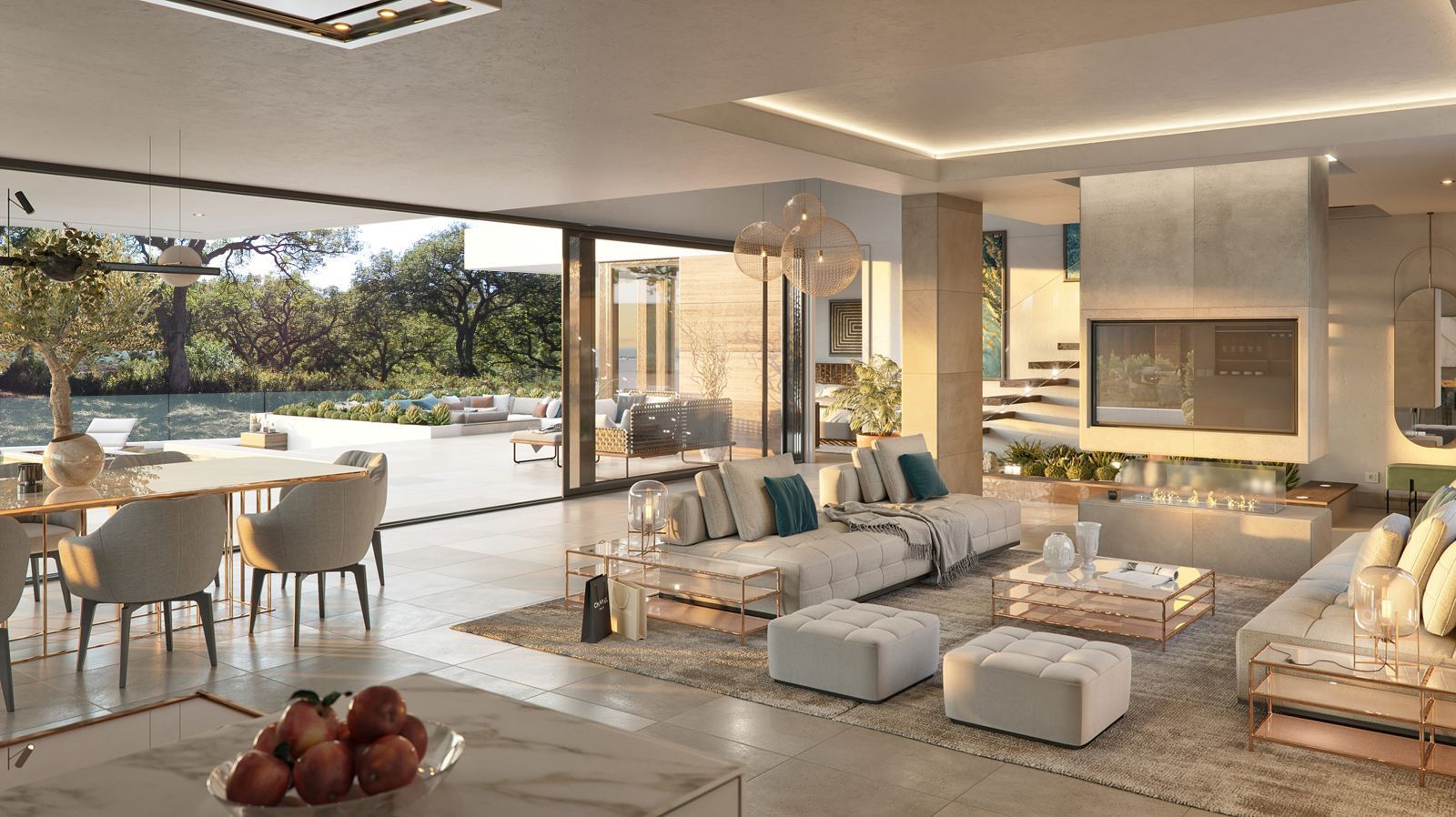 Modern living room with large glass windows, outdoor view, and contemporary furniture.